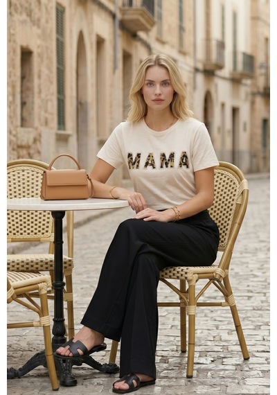 Kadın Ekru Mama Baskılı Leopar Desenli Basic Tişört Yumuşak Dokulu Rahat Pamuklu Yazlık T-shirt Bej