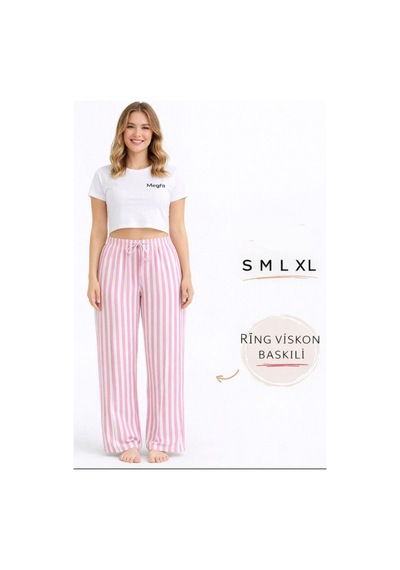 Viskon Pamuklu Kadın Pudra Pembe Çizgili Pijama Pantolon - Mg004 - Mudanis