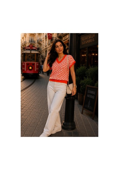 Hira Life Fashion Sfg Life Moda Kadın V Yaka Kare Desenli Şık Süveter Turuncu Turuncu