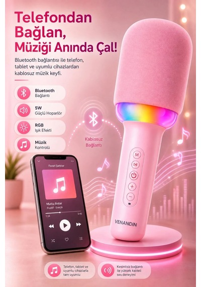 Exenar - Pembe - Kablosuz Bluetooth Karaoke Mikrofonu 5w Rgb Işıklı Taşınabilir Kablosuz Mikrofon Şarjlı 1200 Mah
