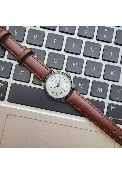 Retro Kadın Kol Saati, Vintage Tasarım, Klasik Tasarım, Siyah Kasa, Minimal Tasarım, Kayışlı Koyu Kahverengi Altın