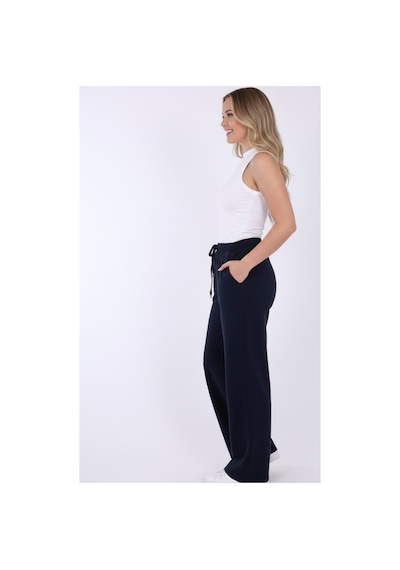 Myrab Denim Kadın Mavi Baggy Keten Pantolon Lastikli Bel Bağcıklı Rahat Geniş Paça Yazlık Pantolon Lacivert