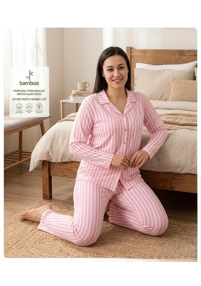 Oreiro Kadın Pembe Çizgili Bambu Pijama Takımı - Düğmeli Gömlek Yaka Uzun Kollu Ev Giyimi Seti Beyaz - Pembe Oreiro Kadın Pembe Çizgili Bambu Pijama Takımı - Düğmeli Gömlek Yaka Uzun Kollu Ev Giyimi Seti Beyaz - Pembe