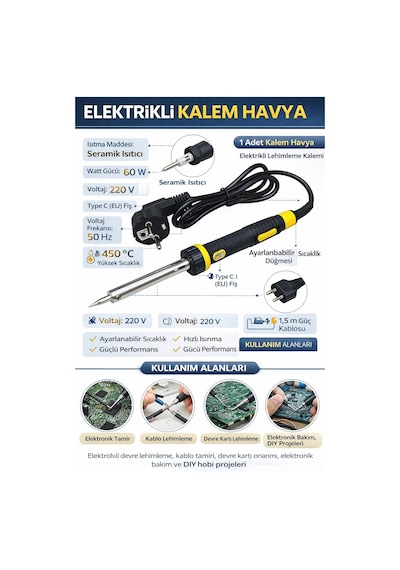 Profesyonel 60w Elektrikli Kalem Havya, Hızlı Isınan Lehimleme Kalemi, Elektronik Devre Onarım Ve Tamir Havya Aleti, Dayanıklı Metal Uçlu Lehimleme Aracı, Hobi, Dıy Projeleri Ve Elektrik Tamir İşleri