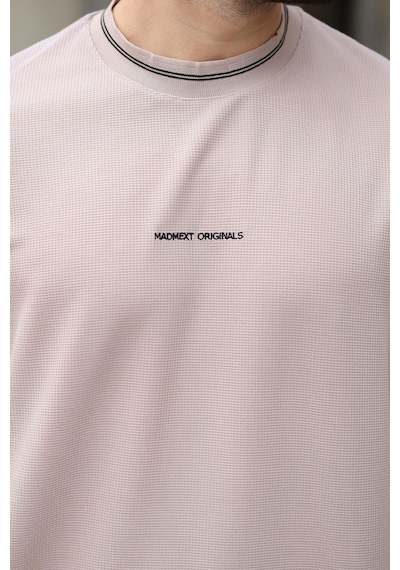 Madmext Bej Nakış Detaylı Basic Erkek T-shirt E7106 Bej