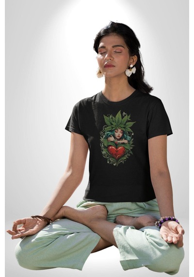 Kalp Parmak Kız Yeşillik Mutluluk Unisex Unisex Siyah Organik Baskılı T-shirt Penye Yüksek Kalite Siyah