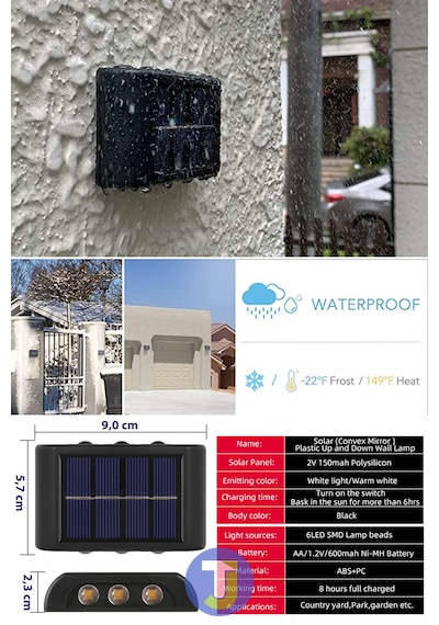Technojet Modern Solar Güneş Enerjili 6 Ledli Bahçe Aydınlatması Aplik Sarı Işık Led Lamba 2 Adet