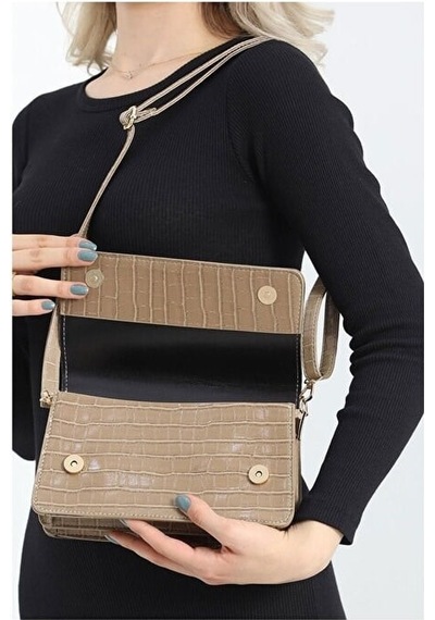 Lovelystore Kroko Desenli 3 Gözlü Günlük Kadın Mini El & Omuz Çantası 24x12 VİZON