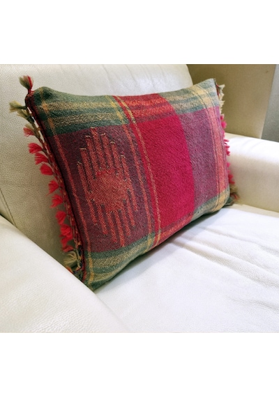 Pembe Mor Yeşil Kilim Dokuma Püsküllü Kırlent El Dokuma Bohem İçi Dolgulu Dekoratif Yastık