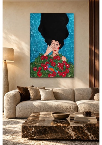 Fida Gözünü Eliyle Kapatan Kız Ve Kırmızı Güller Canvas Tablo Çok Renkli