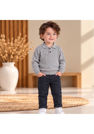 Maxx Kelın Erkek Çocuk Gri Triko Polo Yaka Kazak Ve Siyah Pantolon 2'li Takım 2-3-4-5 Yaş