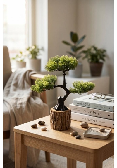Yapay Çiçek Bonsai Ağacı Kütük Saksıda 3katlı Dekoratif Yapay Ağaç Bonzai 30 25cm Yeşil