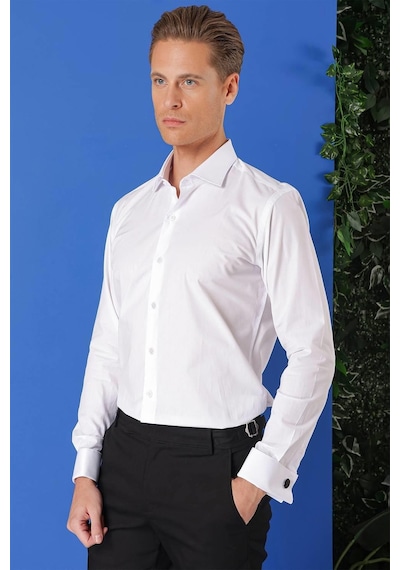 Efor Slim Fit Duble Manşet %100 Pamuk Klasik Beyaz Gömlek Gk 682 Beyaz