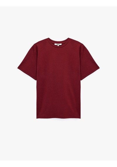 Koton Pamuklu Kısa Kollu Bisiklet Yaka Oversize Basic Tişört Bordo 7wak50007ek