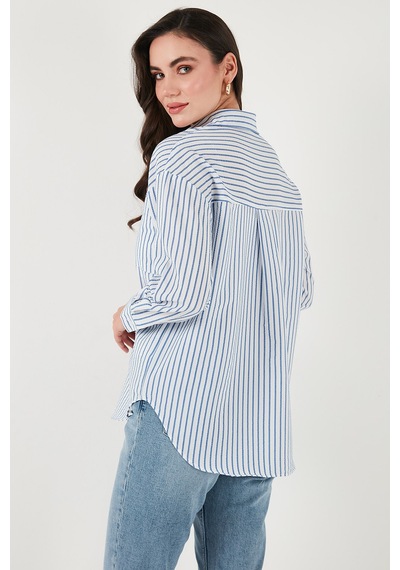 Lela Regular Fit Uzun Kollu Çizgili Bayan Gömlek 6772875 Indigo