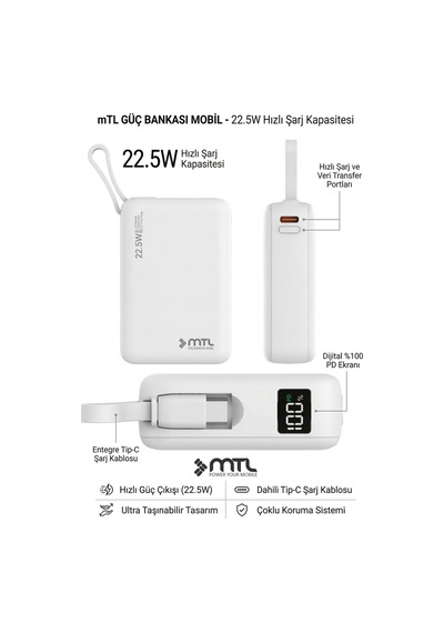 20000 Mah 22.5w Süper Hızlı Şarj Dahili Kablolu Led Göstergeli Pd Ve Qc 3.0 Powerbank Mt4550 Beyaz