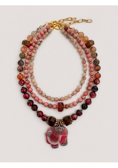 El Yapımı Pembe Opal, Rodonit & Pembe Akik Doğal Taş Kolye Seti