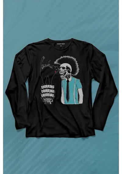 Mohikan İskelet Adam Kara Kedi Nostalji Telefon Zili Uzun Kollu Tişört Baskılı T-shirt 001