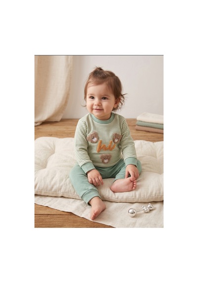 Deniva Kids Bebek Mint Yeşili Çizgili Kabartma Ayıcık Nakışlı Pamuklu 2'li Alt Üst Takım Yeşil