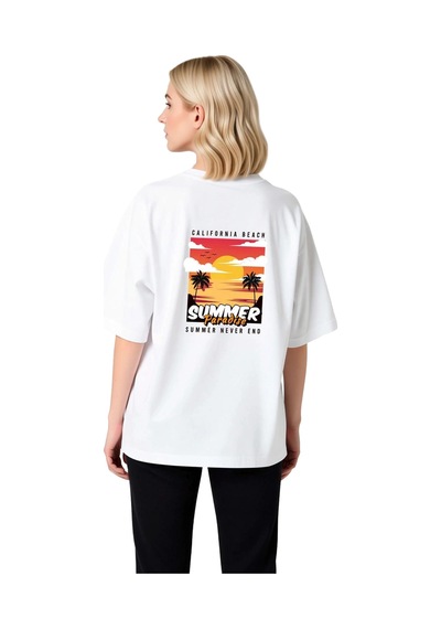 Paybuy Kadın Oversize Baskılı Tişört California Beach Sunset Palmiye Des Beyaz