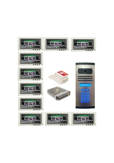 10 Daire Nts 2015-b 7'' Görüntülü Diafon Beyaz-8003 Tuş Takımlı Şifreli Zil Panelli Set