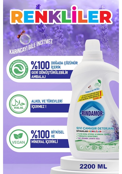 % 100 Doğal Bitkisel Sıvı Çamaşır Deterjanı Organik Lavanta Yağlı -tüm Renkler 2200 ML