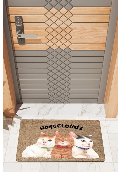 Rugmood Modern Dijtal Baskı Kediler Hoşgeldiniz Kapı Önü Paspası Çok Renkli