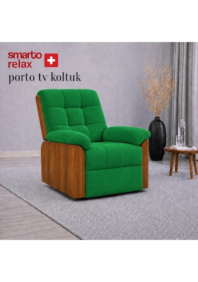 Smarto Relax Porto Tv Koltuğu Elektrikli Masajlı Isıtmalı Döner Sallanan Ahşap Yan Panelli Polyester Kumaş Baba Koltuğu Yeşil