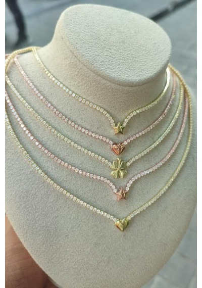 Beyaz Zirkon Taşlı Suyolu Zincirli Kalp Gümüş Kolye Rose Gold
