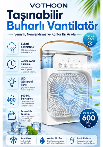 Taşınabilir Işıklı 5 Spreyli Vantilatör Buzlu Buharlı Vantilatör Mini Fan Nemlendirici Buharlı 600