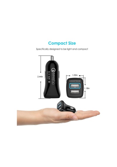 Choetech 36w Çift Usb Çıkışlı Quickcharge 3.0 Araç Şarj Cihazı - C0051-v5 - Siyah
