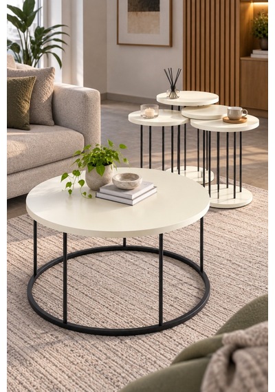 Sulorahome Siyah Metal Ayaklı Krem Bej 4'lü Sehpa Seti Beyaz - Wenge