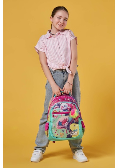 Coral High Kids Pembe Su Yeşili Flamingo Desenli Üç Bölmeli Okul Sırt Çantası 23647