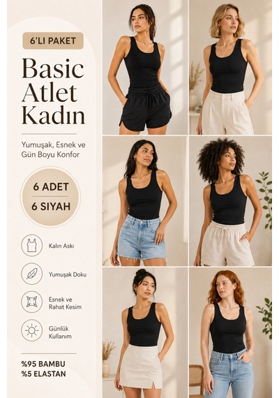 Loule Kadın 6'lı Kalın Askılı Atlet Siyah Bambu