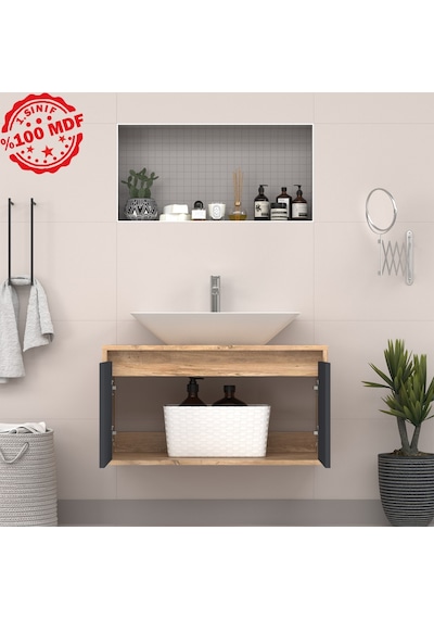 Banos Roomart 2 Kapaklı Lavabolu Ahşap-Antrasit Mdf 85Cm Banyo Antrasit