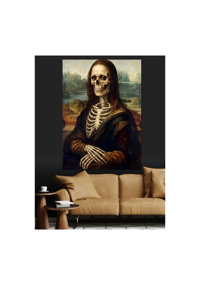 Mona Lisa Tarzında İskelet Portresi Yağlı Boya Dokulu Kanvas Tablo Canvas Tablosu
