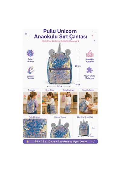 Anaokulu Sırt Çantası Pullu Unicorn 28x22x10 Cm Çocuk Oyun Okulu Çantası Çok Renkli