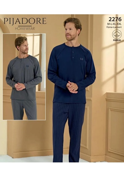 Feyza Pijadore Erkek %100 Pamuklu Uzun Kollu Dört Mevsimlik Pijama Takımı 2276 Füme