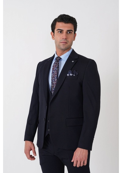 Efor Slim Fit Esnek Pamuklu Dokulu Lacivert Yelekli Takım Elbise Tk 959
