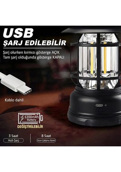 Alaska Retro Şarjlı Kamp Lambası - Ipx4 Su Geçirmez, Dimmer Ayarlı, 1200mah Led Fener Renkli