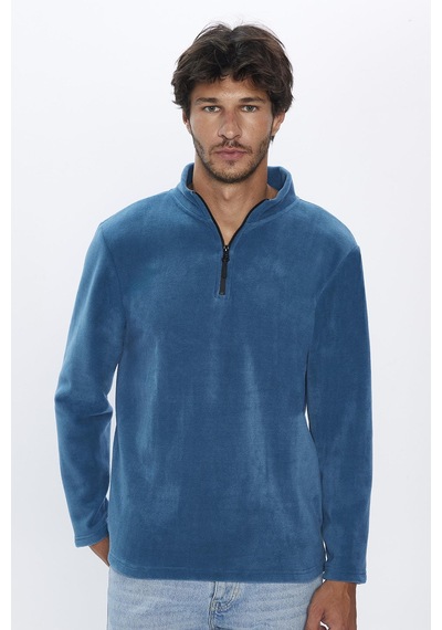 Tudors Erkek Standart Fit Rahat Kesim Tüylenme Yapmayan Soğuk Geçirmez İndigo Dik Yaka Polar Sweatshirt-30130-indigo İndigo