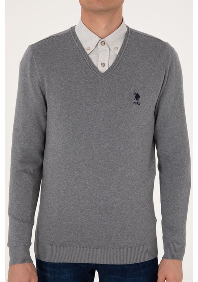 U.S. Polo Assn. Erkek Slim Fit V Yaka Gri Melanj Basic Kazak 50288881-VR086