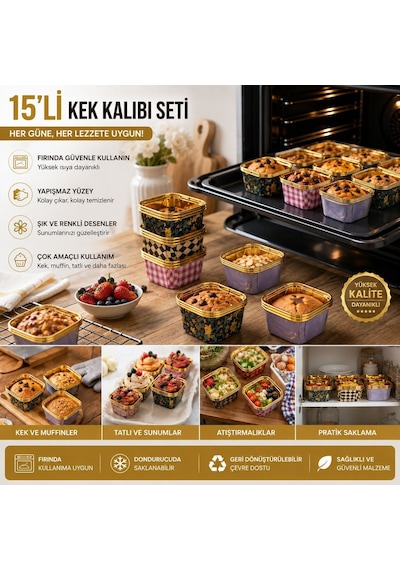 15 Li Kare Kek Kalıbı Seti Renkli Desenli Tek Kullanımlık Pişirme Ve Sunum Kabı, Muffin, Cupcake, Kek Ve Tatlı İçin Fı Resimdeki