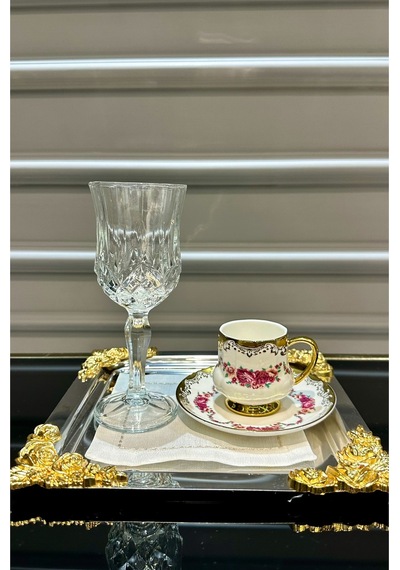 6 Adet Kare Gümüş Gold Güllü Sunum Tepsi Gold