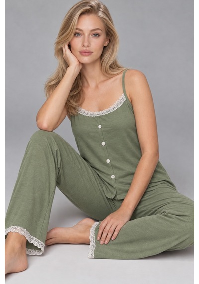 Kadın Dantelli V Yaka Yeşil Pijama Takımı 4746