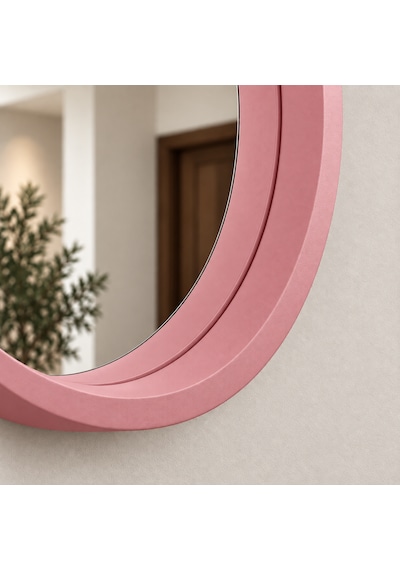Dekoratif Duvar Aynası Yuvarlak Çerçeveli 60cm Pembe Şifonyer Ve Makyaj Masası Üstü