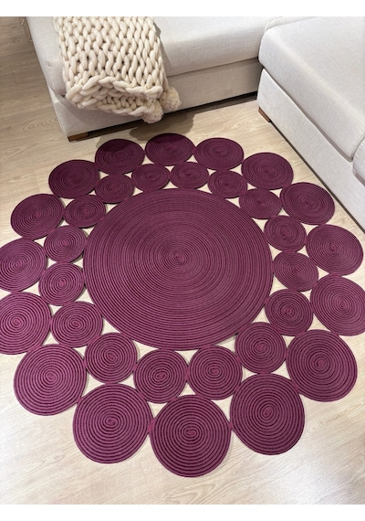 Mavaux Papatya Hasır Jüt Çiçek Desenli Kilim Halı Mürdüm