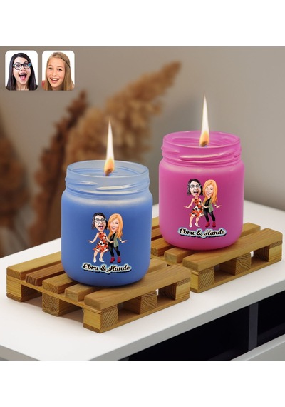 Bk Gift Kişiye Özel Dtf Karikatürlü 2 Li Mavi Ve Pembe Renkli Cam Kavanozda Kokulu Mum-2, Arkadaşa Hediye, Sevgiliye Hediye
