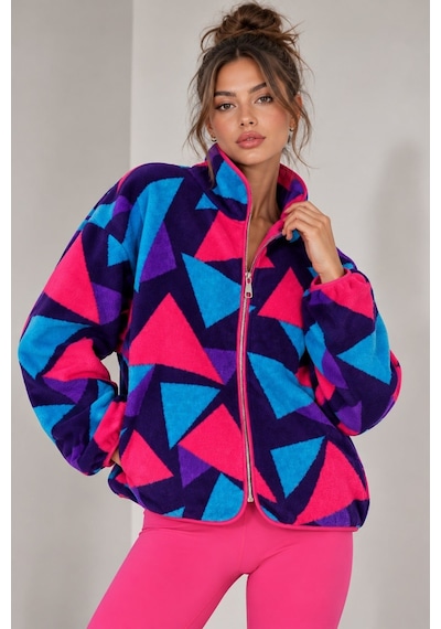 Vadon 1061 Kadın 80'ler Retro Geometrik Desenli Yandan Cepli Fermuarlı Polar Sweatshirt Mor