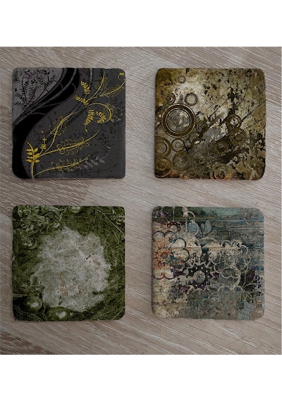Yeşil Soyut Tasarımlar Doğal Taş Bardak Altlığı 4'lü Set - Natural Stone Coasters - Taş Yeşil
